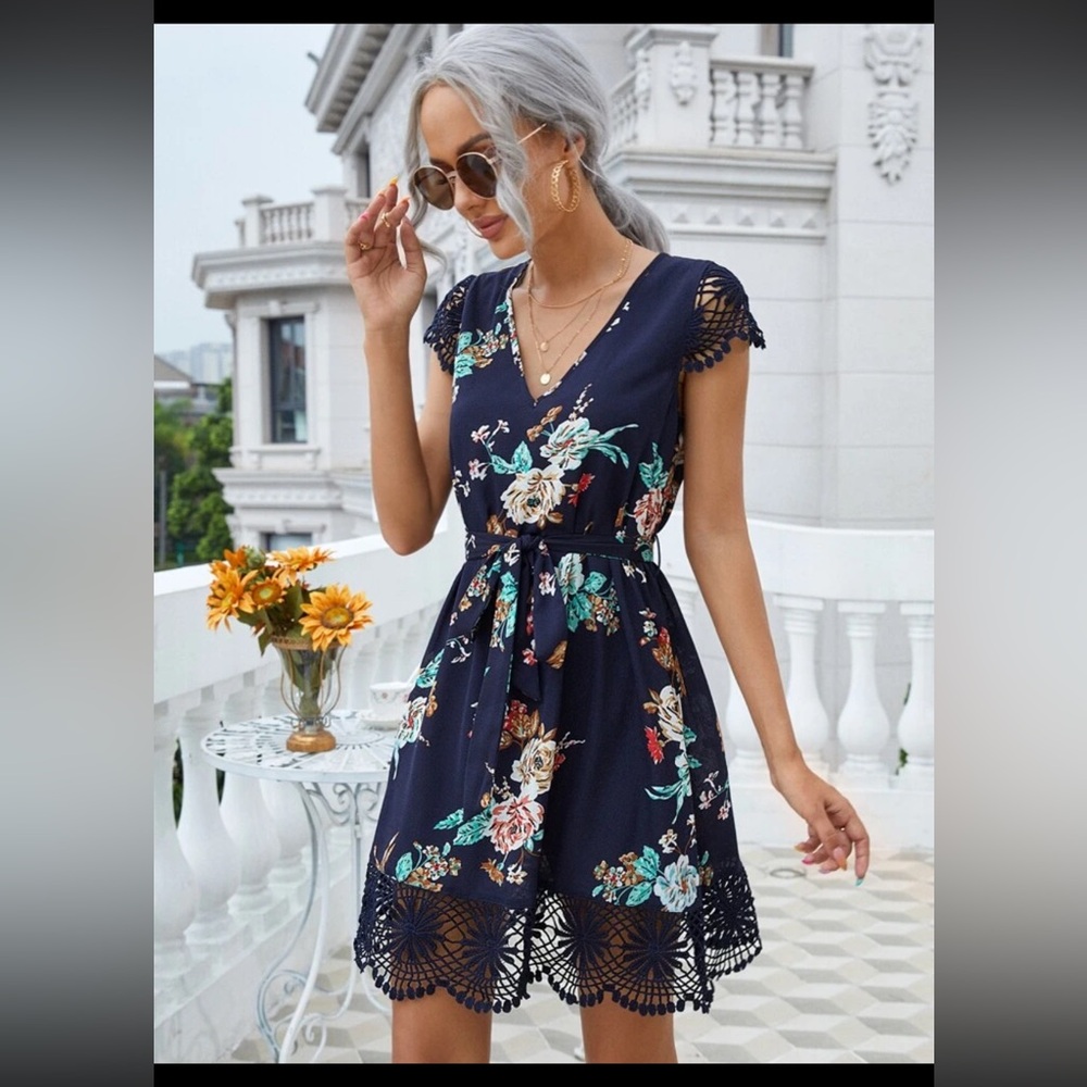 SHEIN Navy and Pink Flutter Sleeve Sundress